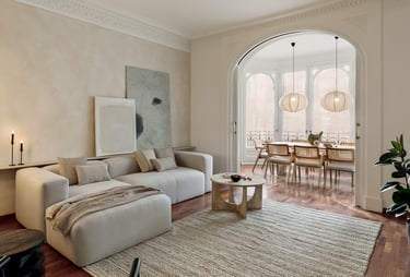 Sophisticated Living room with modern decor, natural materials, and a neutral color palette and art