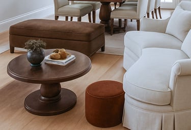 Neutral sofa paired with bold accent ottoman in a living room setting with layered textures.