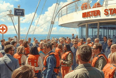 passageiros participando do muster drill a bordo de cruzeiro moderno