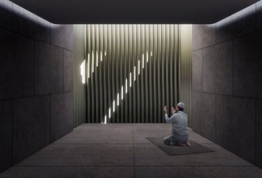 A man praying in a solemn space