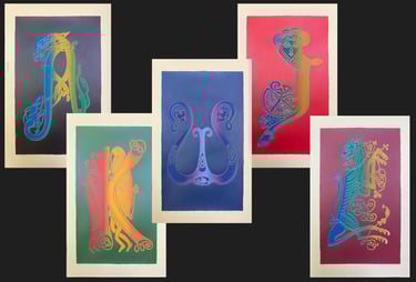 selection of irish celtic letter silkscreen prints in different colours