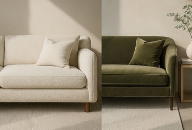Editorial moodboard showcasing bouclé, velvet, and buttery leather sofas in a refined interior setting.