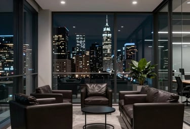 A minimalist North American office lounge at night, featuring dark leather furniture, glass walls, and a view of a glowing neon-lit city skyline.