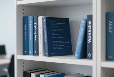 A clean, bright photograph of a modern tech office bookshelf with books on code, design, and innovation. Soft white and sky blue lighting.