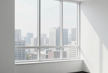 A minimalist photograph of a modern, white office space with a large window looking out at a bright cityscape. The setting is clean and highly professional, echoing the brand's reliability and clarity.
