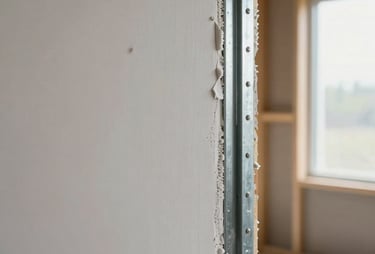 Environmental documentary shot inside a commercial drywall site — tightly framed detail of a clean sealed joint where two gypsum boards meet at a steel stud, joint compound applied in a smooth even layer, natural daylight from a window off-frame right, the surrounding framing visible and orderly in the background, no mess, tools resting naturally at the base of the wall