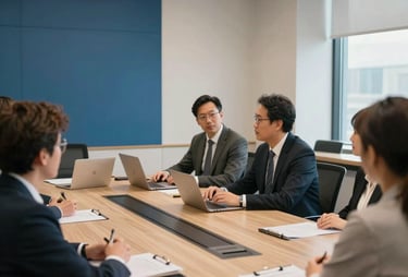 A professional and warm meeting room in North America where a strategy session is taking place, featuring clean lines and blue accents.