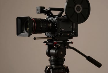 A side profile of a high-end cinema camera on a tripod, silhouetted against a soft taupe background. Professional and sophisticated.