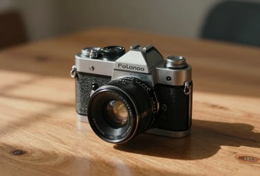 A cinematic close-up of a vintage film camera sitting on a wooden table, warm sun-drenched light casting earthy brown shadows, soft sand color palette.
