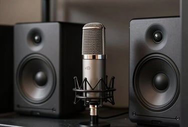 An aesthetic shot of studio gear on a dark shelf, including a microphone and a pair of monitors. Professional studio lighting in North America.