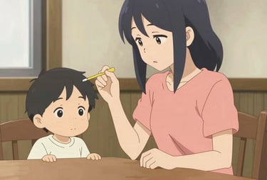 Anime mother sitting at a wooden table feeding her young son with a small yellow spoon.
