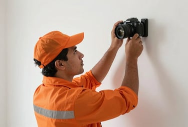 A professional installer of South American / Brazilian background in a bright orange uniform, mounting a sleek black camera on a wall, daylight.