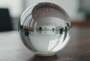 Close-up of a glass sphere on a dark wooden desk, reflecting a modern office environment. Soft, dreamy lighting, charcoal and white color scheme.