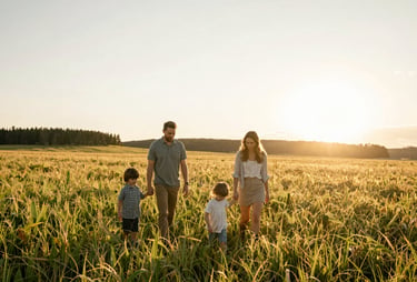 A heartfelt wide-angle shot of a family walking through a golden North American / US meadow at sunset, warm lens flare, Sage Green and Warm Off-white tones, high-end photography style.