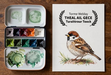 An overhead flat lay of a wooden desk with ceramic watercolor palettes filled with moss green and mist green pigments, next to a finished illustration of a delicate sparrow.