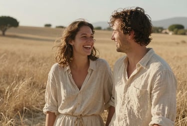 A candid shot of a young couple laughing in a sun-drenched Mediterranean meadow, wearing light linen clothing in soft sand and pale tan tones. The lighting is warm and cinematic.