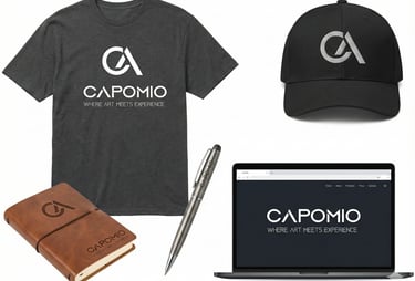 Custom branded Capomio merchandise including a gray t-shirt, black cap, leather journal, pen, and laptop.