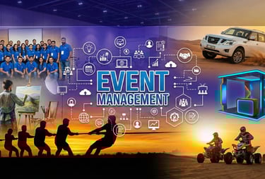 Professional event management collage showcasing corporate teams, desert safaris, and creative branding services.
