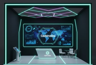 Modern futuristic fintech exhibition booth with neon lighting and Cashinvoice digital data display.