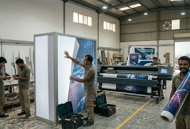 Technicians installing large format digital print graphics onto a modular exhibition lightbox in a workshop.