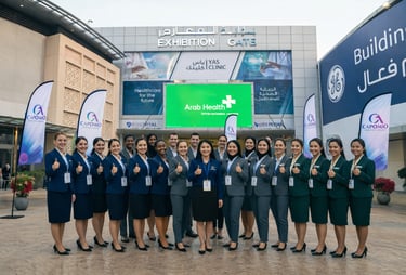 Professional event hostesses and staff posing with thumbs up at the Arab Health exhibition entrance.