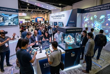 Crowded technology trade show booth featuring VR headsets, holographic displays, and AR product demos.