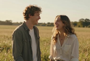 Cinematic vertical shot of a young couple laughing in a sun-drenched North American meadow, warm golden hour lighting, authentic and candid.