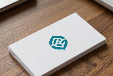 Clean minimal shot of a professional white business card with a teal logo sitting on a wooden desk. Corporate office context.