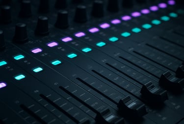 A close-up of a professional mixing console in a North American / US studio. The LED indicators glow in a sequence of neon teal and violet against a dark background.