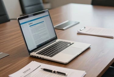 A professional photograph of a high-end corporate boardroom table in Delhi with a silver laptop and some business documents. The lighting is bright and optimistic.