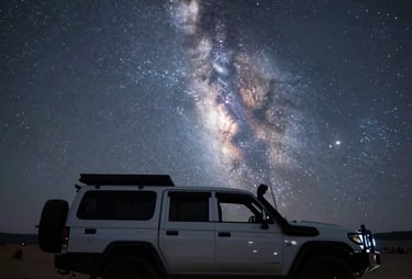 A silhouette of a rugged 4WD truck parked under a vast, starry night sky in the North American desert. The Milky Way is clearly visible above the rig.