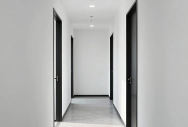 Clean photography of a modern, white-walled hallway in a North American office with black accents and bright natural light.