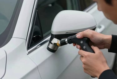 Artisan using a specialized tool to gently massage a small dent out of a luxury car door in French / Charente-Maritime.