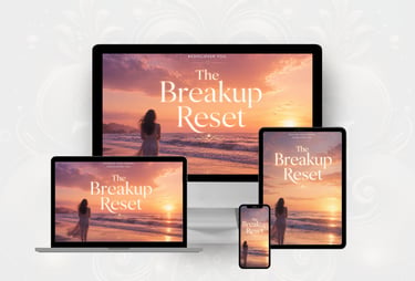 The Breakup Reset displayed on a monitor, laptop, tablet, and smartphone with a beach sunset background.