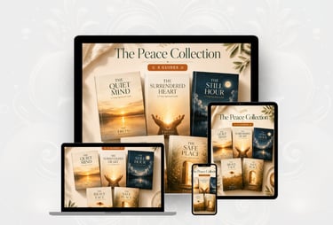 The Peace Collection spiritual guides displayed on a laptop, tablet, and smartphone screens.