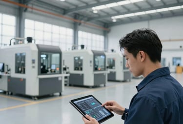 Wide shot of a modern, clean industrial facility interior, with advanced machinery in the background and a technician reviewing a digital schematic on a tablet in the foreground. Natural diffused daylight, desaturated cool tones, high contrast.