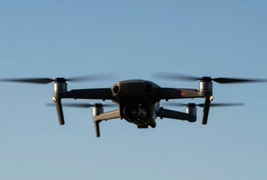 A professional drone silhouette against a clear blue sky in Brazil. Minimalist and clean composition highlighting technology.