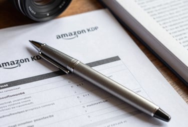 A close-up of a pen resting on top of an Amazon KDP report printed out on a desk, next to an academic journal.