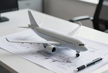 A clean, modern office desk with a 3D printed model of an airplane engine, blueprints, and a technical drawing pen, bright natural lighting, professional vibe.