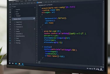 A close-up of a code editor showing a clean Kotlin file with colorful syntax highlighting on a large monitor. Modern, professional setting.