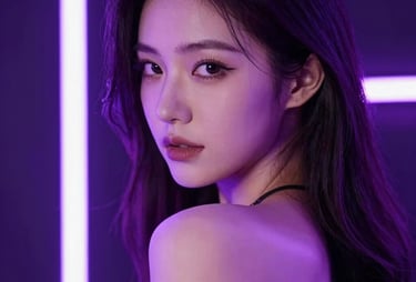 A close-up high-contrast artistic portrait of a sultry female model looking over her shoulder, illuminated by bright electric violet neon lights, premium adult layout.