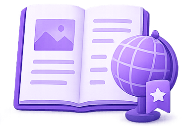 Purple open book and globe illustration for MuleBuy spreadsheet guides for UK buyers