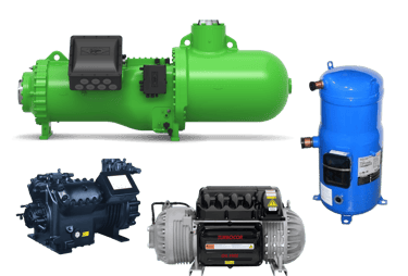 A collection of industrial HVAC compressors including screw, scroll, and oil-free centrifugal models.