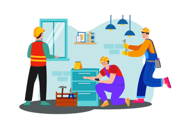 a man and woman working on a desk in a room in home withe adom.ma