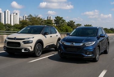 Citroën C4 Cactus e Honda HR-V em movimento lado a lado em uma rodovia.