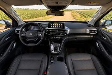 Interior da Fiat Titano Ranch com painel, multimídia e cabine em acabamento preto