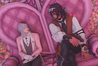 Themis and a client sitting on a heart shaped lounge