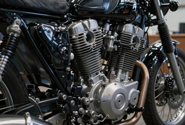 A tight close-up of a vintage motorcycle engine, emphasizing the mechanical details and textures of metal. The lighting is cinematic with deep jet black shadows and sharp silver grey highlights. Set in a professional Global / Western garage environment.