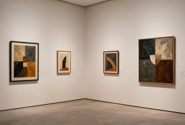 A selection of architectural art pieces displayed in a high-end North American gallery with clean lines and warm lighting.