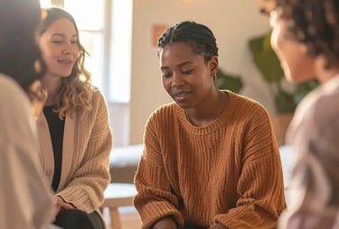 Mulheres em terapia reunidas em roda, compartilhando emoções em um ambiente acolhedor e iluminado,